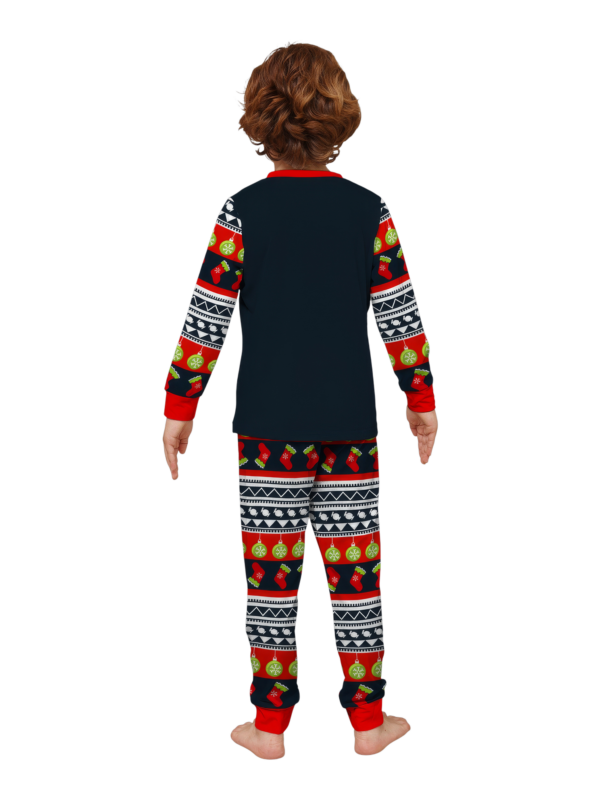 Pijama familiar de Navidad con rayas rojas y negras, motivos navideños