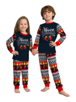 Pijama familiar de Navidad con rayas rojas y negras, motivos navideños