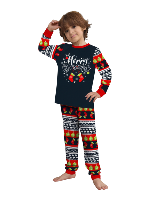 Pijama familiar de Navidad con rayas rojas y negras, motivos navideños