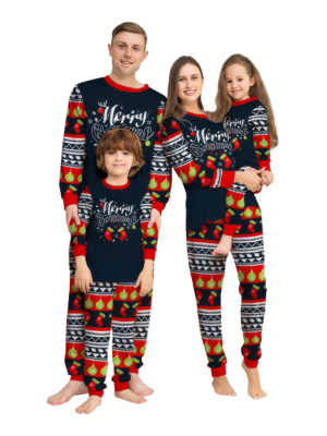 Pijama familiar de Navidad con rayas rojas y negras, motivos navideños