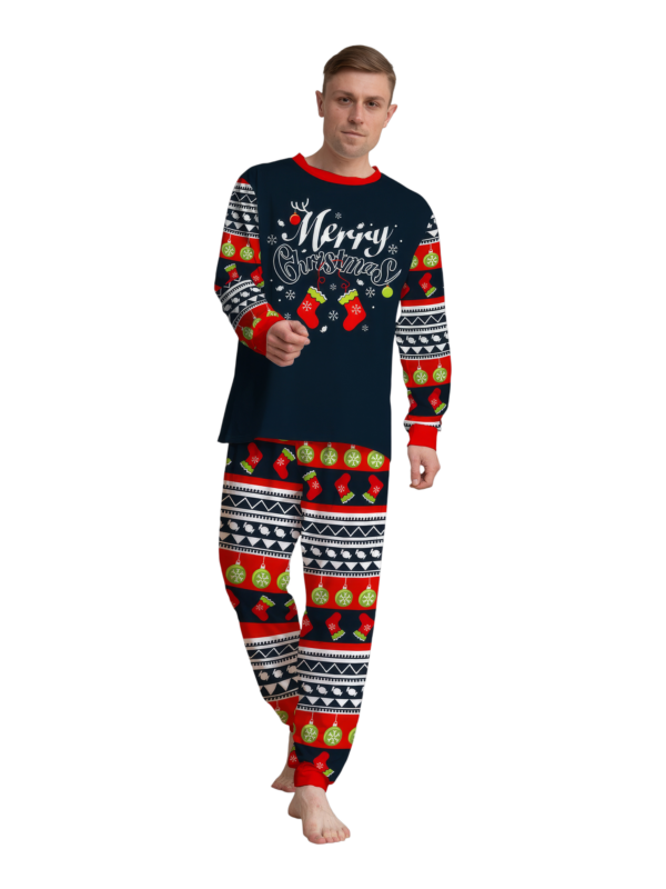 Pijama familiar de Navidad con rayas rojas y negras, motivos navideños