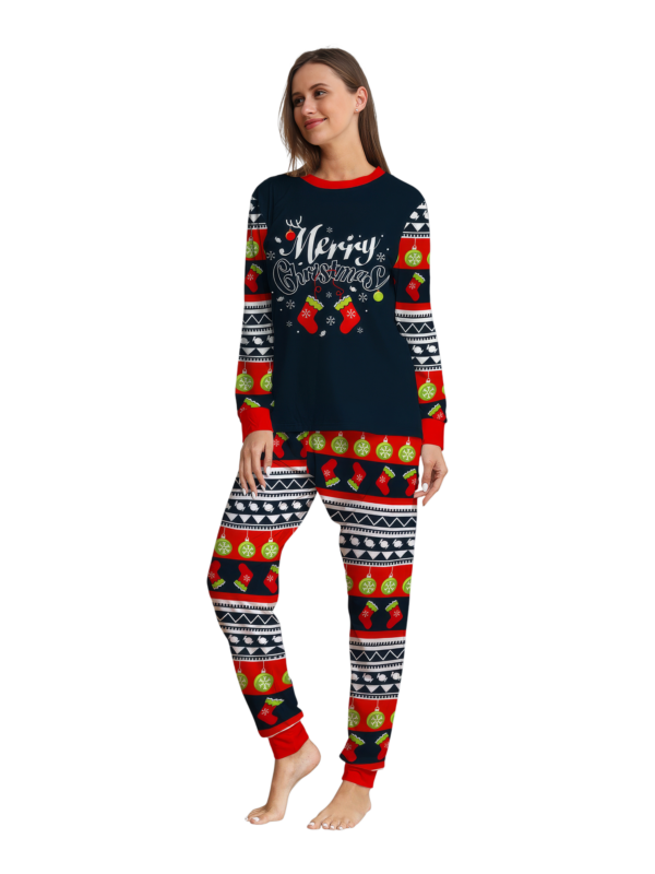 Pijama familiar de Navidad con rayas rojas y negras, motivos navideños