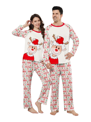 Family christmas pyjamas ghibli style reindeer motif matching family pajama set for adults and kids cartoon reindeer print soft cotton breathable