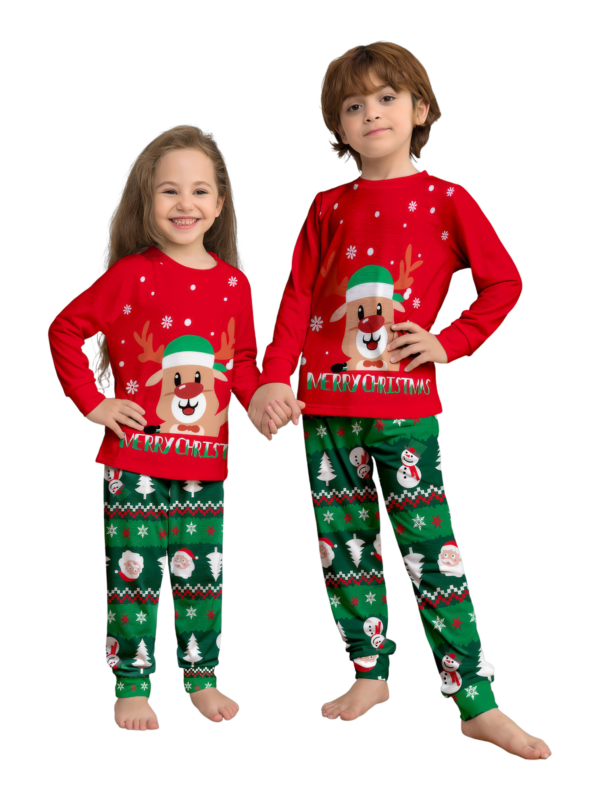 Pijama familiar con estampado de renos de feliz navidad para toda la familia, rojo y verde