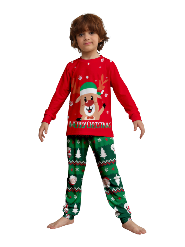 Pijama familiar con estampado de renos de feliz navidad para toda la familia, rojo y verde