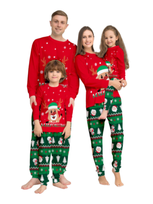 Pijama familiar con estampado de renos de feliz navidad para toda la familia, rojo y verde
