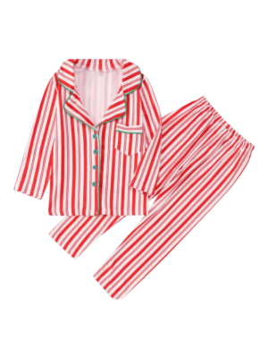 Genuine christmas pyjamas with buttons and red and white stripes and green piping on collar and pocket for the family