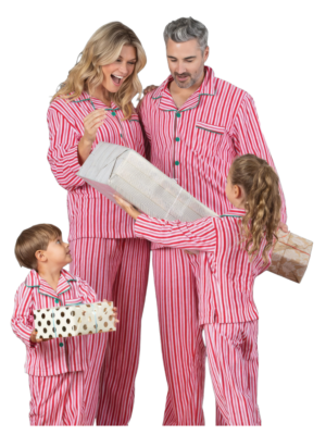 Autentico pigiama natalizio con bottoni e righe bianche e rosse per la famiglia