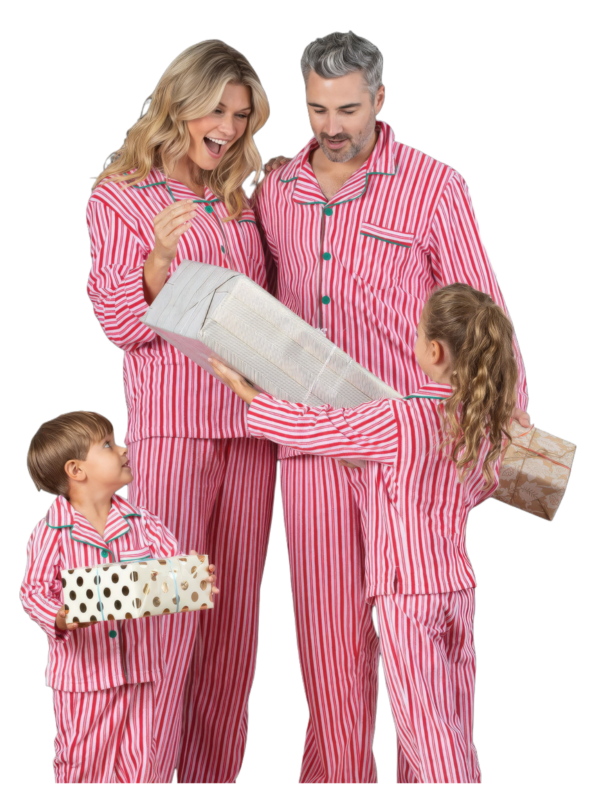 Autentico pigiama natalizio con bottoni e righe bianche e rosse per la famiglia
