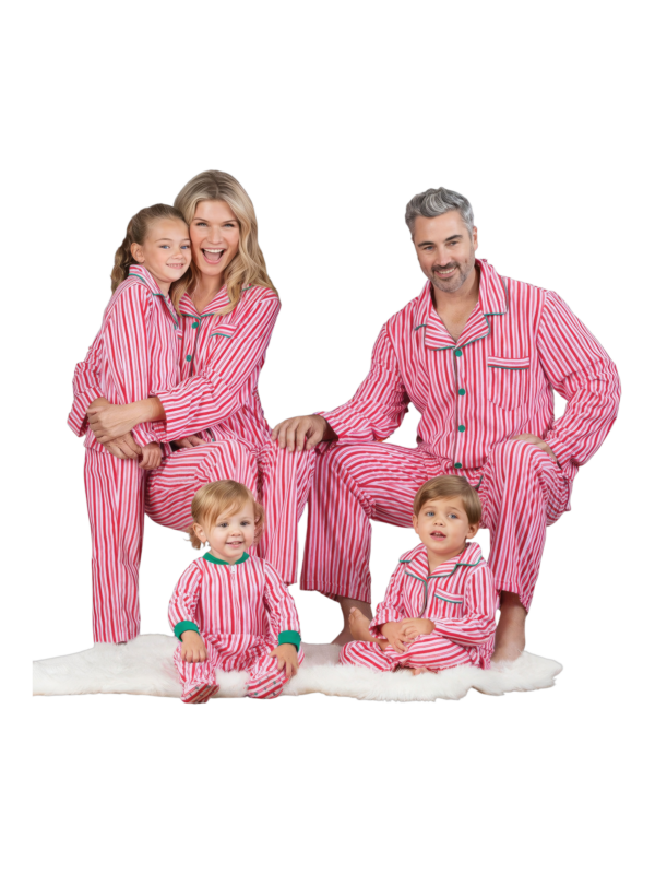 Autentico pigiama natalizio con bottoni e righe bianche e rosse per la famiglia