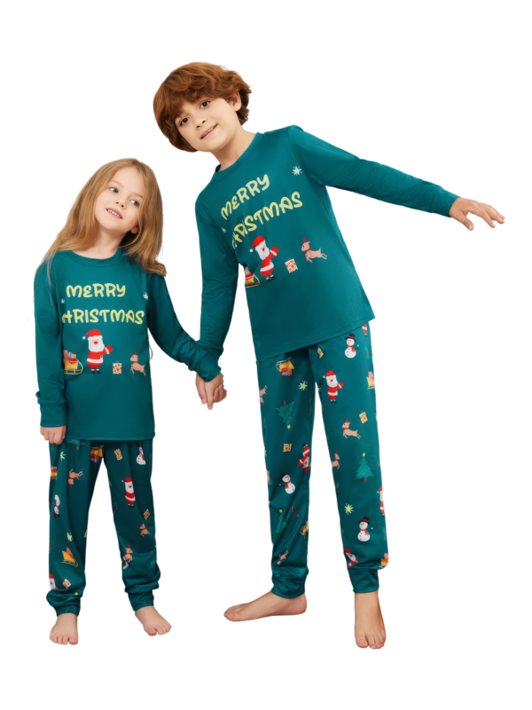 Pijama verde de Navidad para la familia, Papá Noel y su trineo