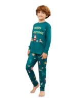 Pijama verde de Navidad para la familia, Papá Noel y su trineo
