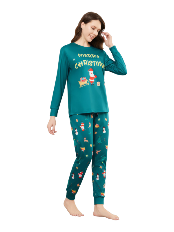 Pijama verde de Navidad para la familia, Papá Noel y su trineo