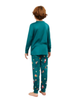 Pijama verde de Navidad para la familia, Papá Noel y su trineo