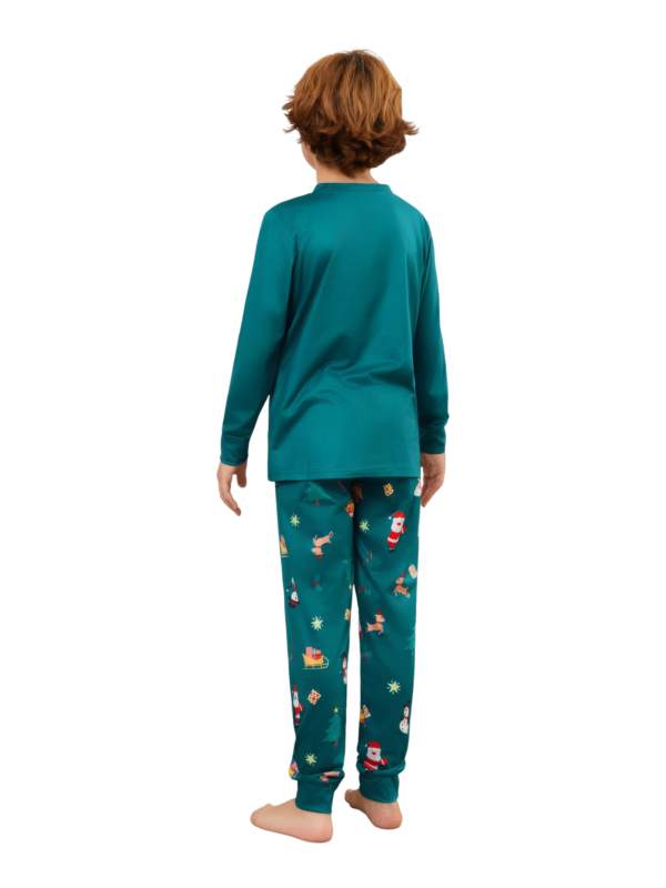 Pijama verde de Navidad para la familia, Papá Noel y su trineo