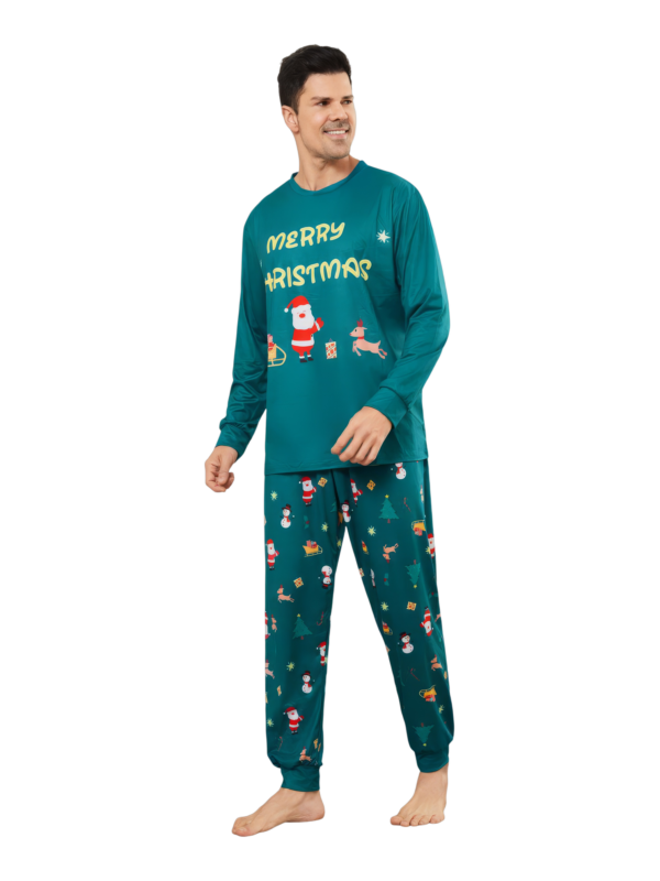 Pijama verde de Navidad para la familia, Papá Noel y su trineo