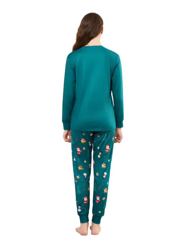 Pijama verde de Navidad para la familia, Papá Noel y su trineo
