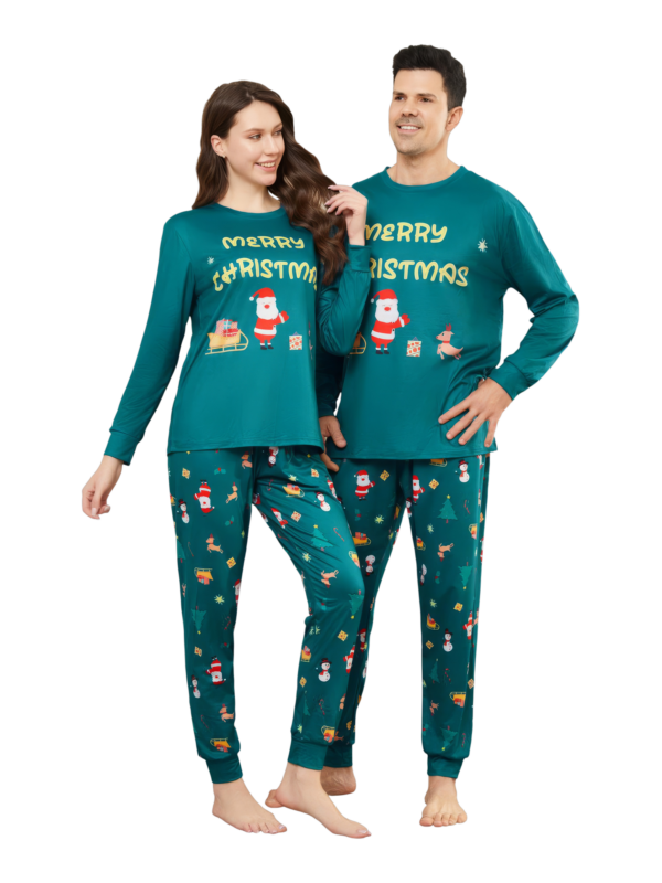 Pijama verde de Navidad para la familia, Papá Noel y su trineo
