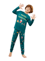 Pijama verde de Navidad para la familia, Papá Noel y su trineo