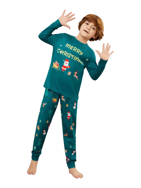 Pijama verde de Navidad para la familia, Papá Noel y su trineo
