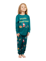 Pijama verde de Navidad para la familia, Papá Noel y su trineo
