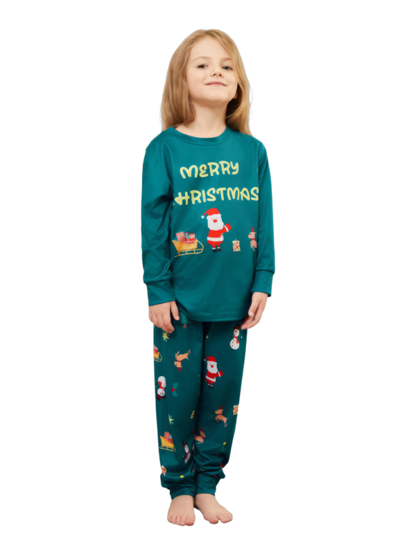 Pijama verde de Navidad para la familia, Papá Noel y su trineo
