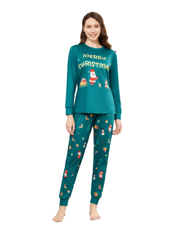 Pijama verde de Navidad para la familia, Papá Noel y su trineo