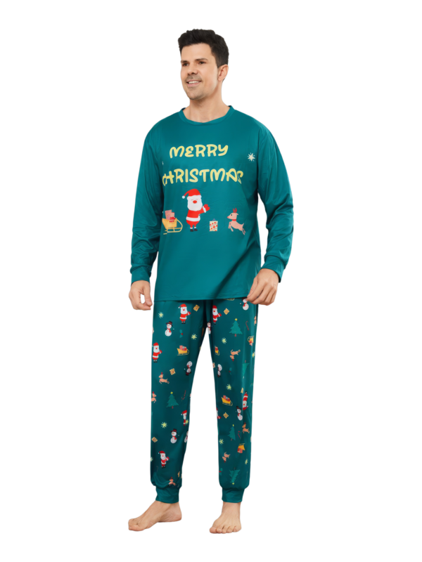 Pijama verde de Navidad para la familia, Papá Noel y su trineo