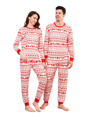 Moderno e originale pigiama natalizio a righe bianche e rosse con motivi natalizi