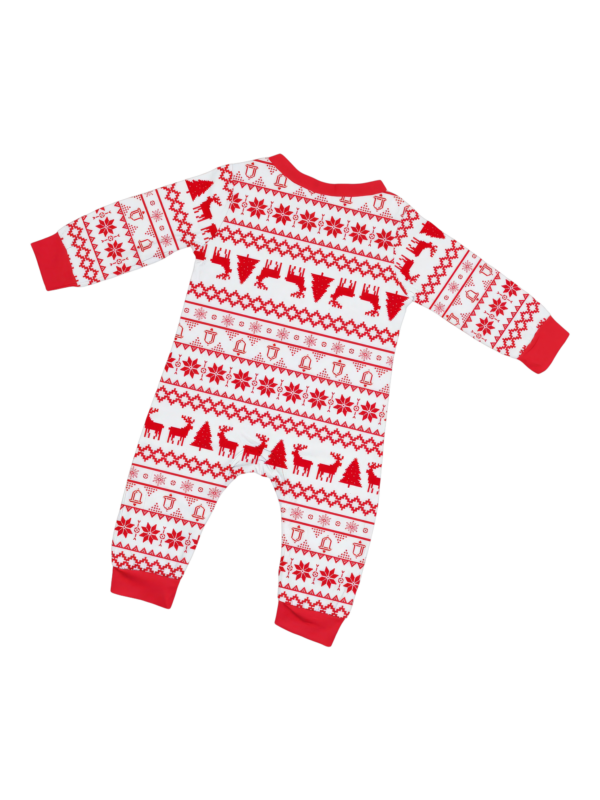 Moderno y original pijama navideño de rayas blancas y rojas con motivos navideños