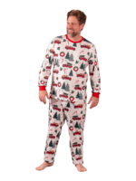 Superbo pigiama bianco con motivi di alberi di Natale e camion rossi per tutta la famiglia