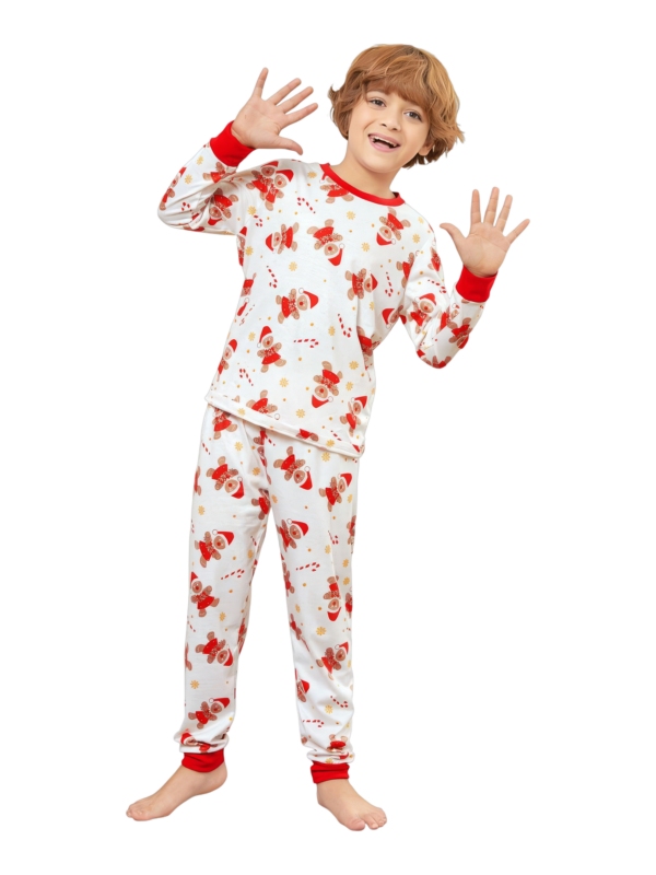 Pequeño pijama de Navidad blanco con motivo de pan de jengibre para la familia, parejas